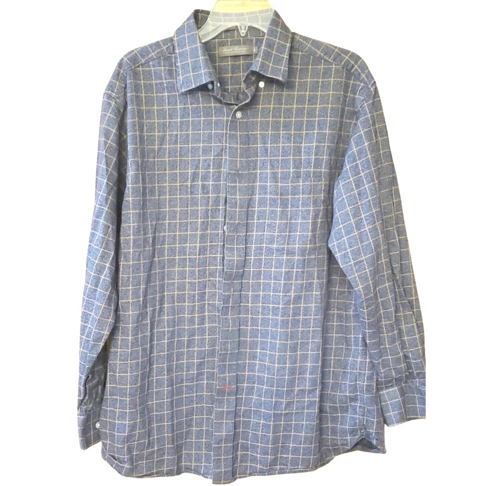 Daniel Cremieux Mens Blue & Tan Windowpane Button-Down Shirt Size Large